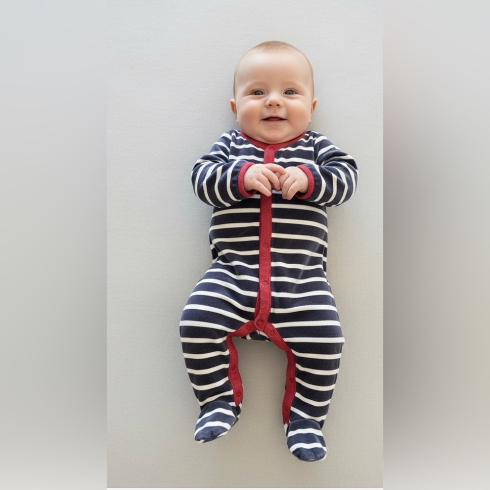 GAP Baby Striped Velour Romper Navy Red Snap One-Piece 6-9M